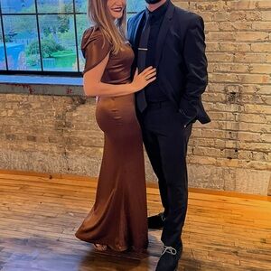 SHEIN Brown Satin Maxi Dress with Draped Cap Sleeves